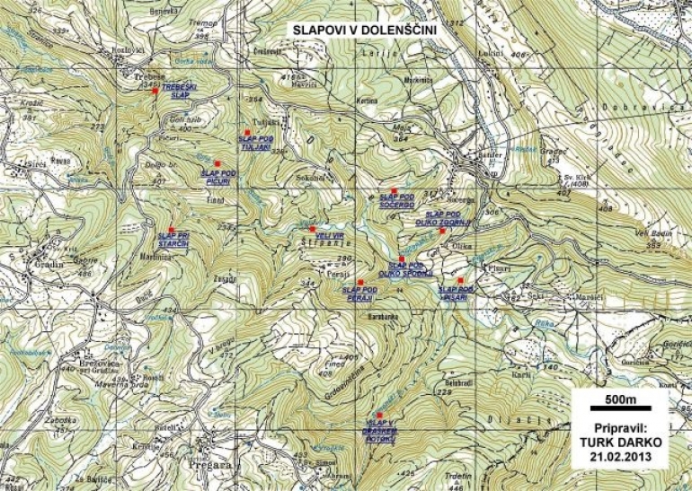 Zemljevid slapov v Dolenjščini